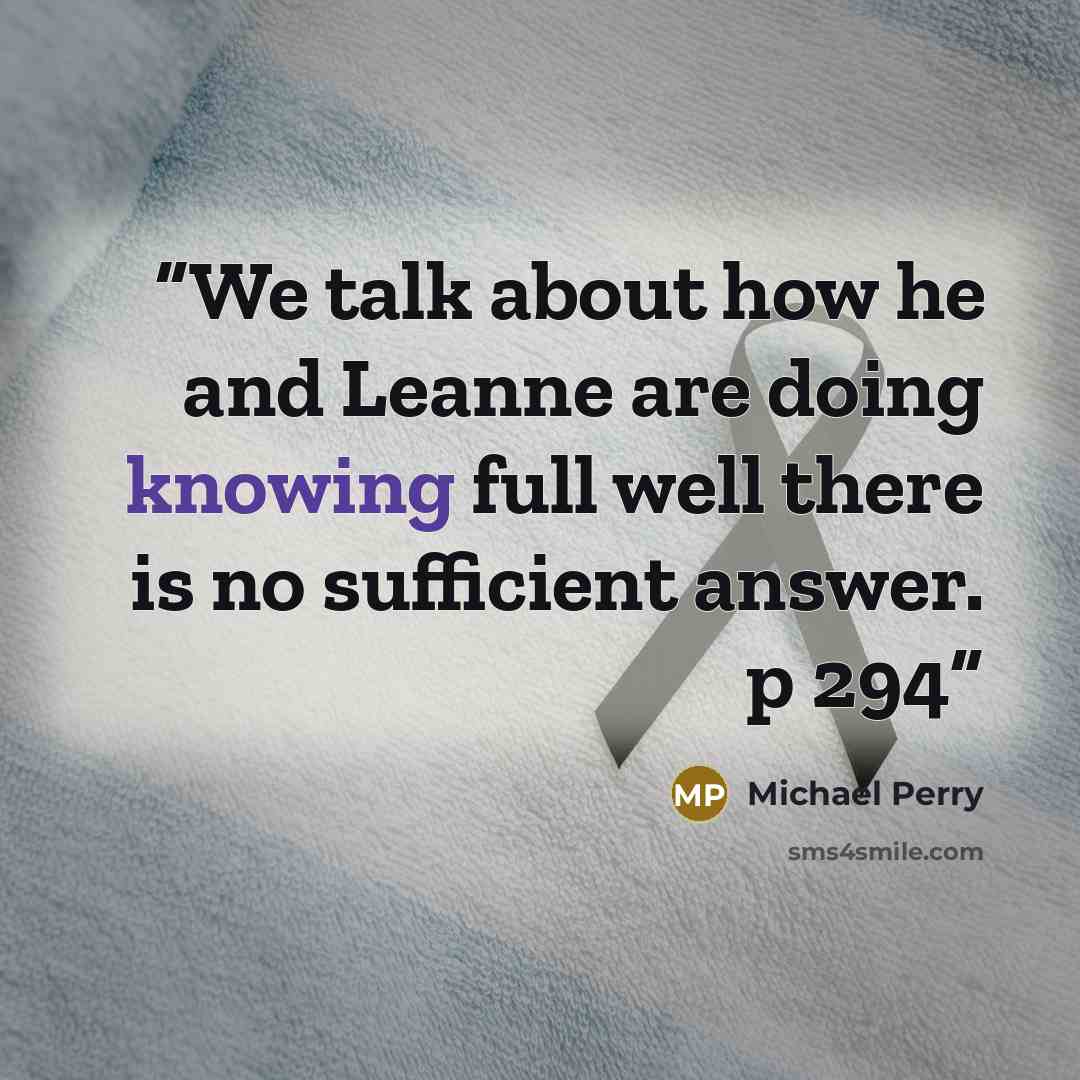 “We talk about how he and Leanne are doing knowing full well there is no sufficient answer. p 294” quote by Michael Perry