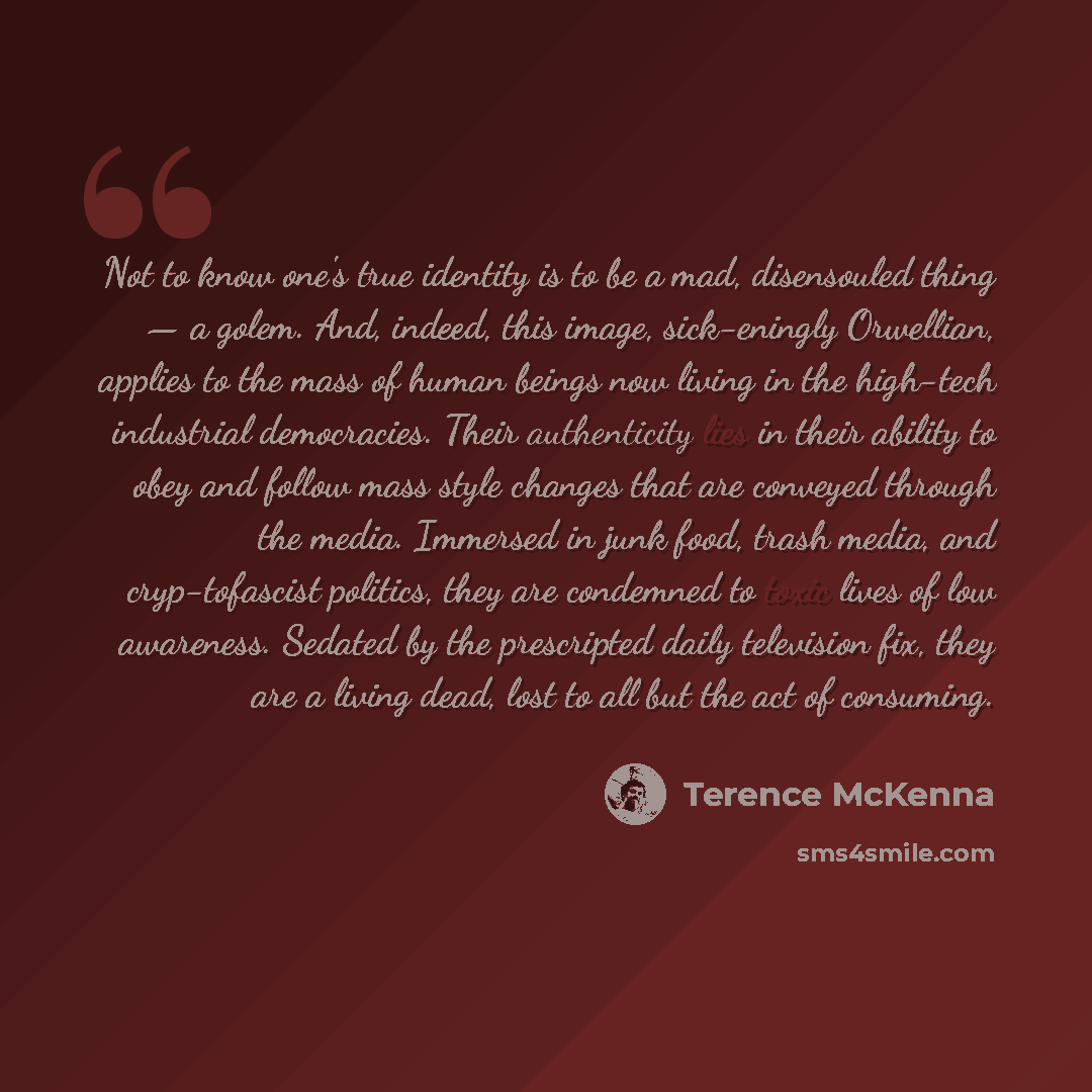 “Not to know one's true identity is to be a mad, disensouled thing — a golem. And, indeed, this image, sick-eningly Orwellian, applies to the mass of human beings now living in the high-tech industrial democracies. Their authenticity lies in their ability to obey and follow mass style changes that…” quote by Terence McKenna