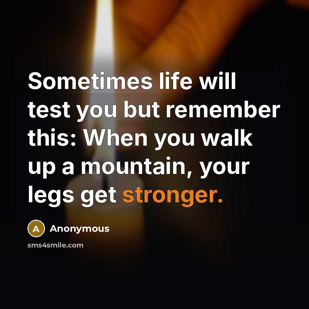 “Sometimes life will test you but remember this: When you walk up a mountain, your legs get stronger.” quote by Anonymous