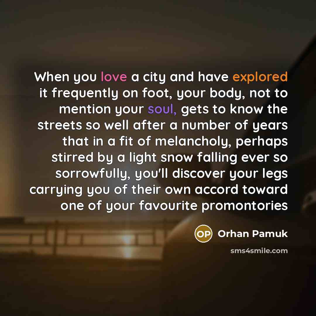 “When you love a city and have explored it frequently on foot, your body, not to mention your soul, gets to know the streets so well after a number of years that in a fit of melancholy, perhaps stirred by a light snow falling ever so sorrowfully, you'll discover your legs carrying you of their own…” quote by Orhan Pamuk