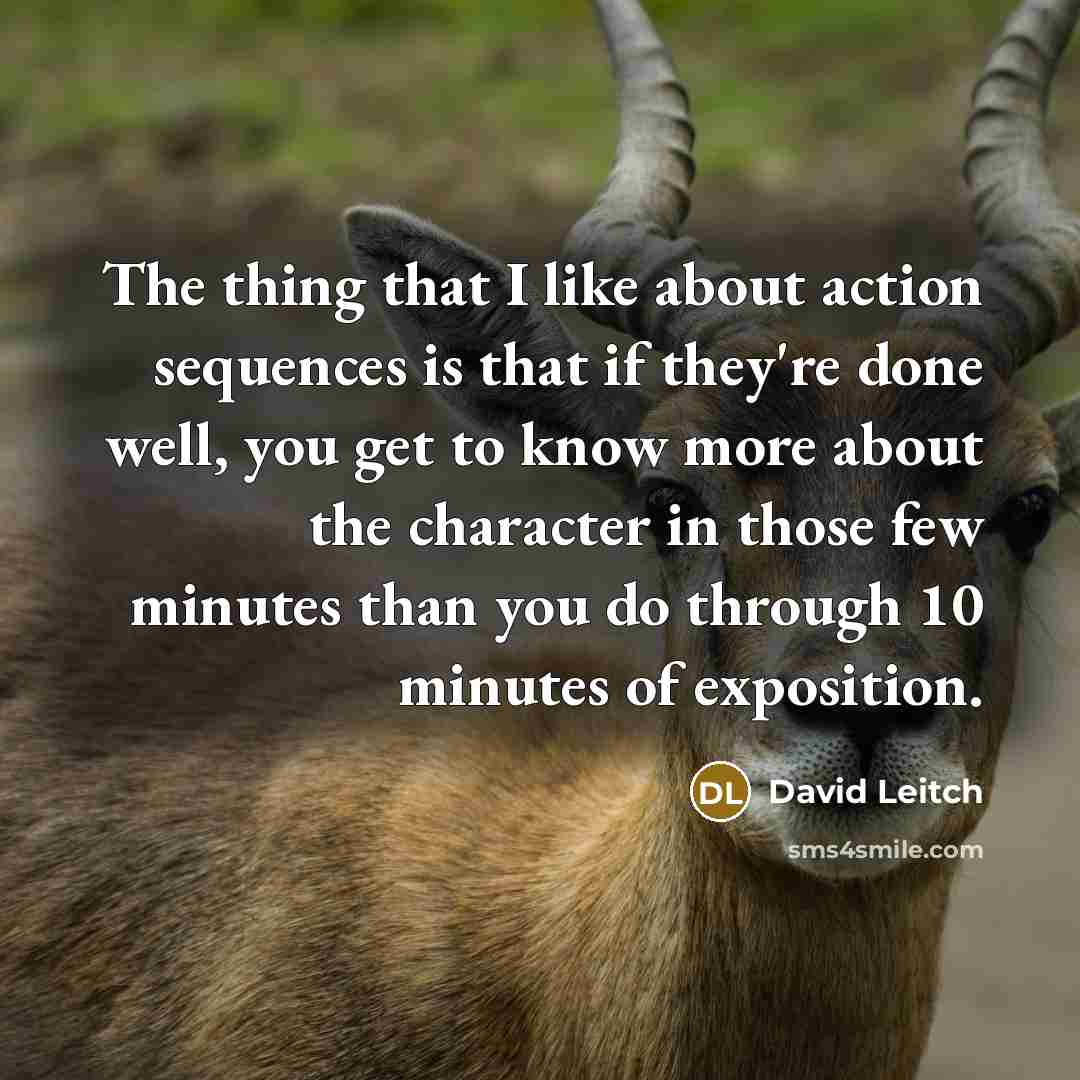 “The thing that I like about action sequences is that if they're done well, you get to know more about the character in those few minutes than you do through 10 minutes of exposition.” quote by David Leitch