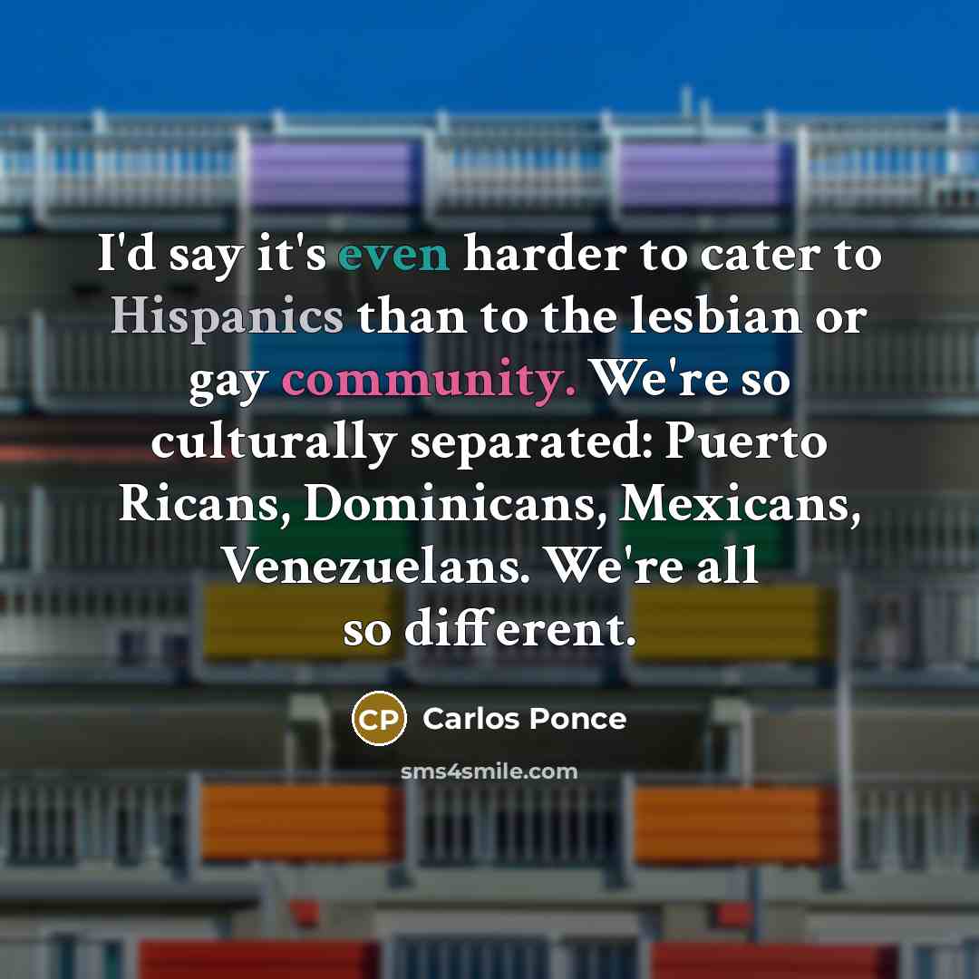 “I'd say it's even harder to cater to Hispanics than to the lesbian or gay community. We're so culturally separated: Puerto Ricans, Dominicans, Mexicans, Venezuelans. We're all so different.” quote by Carlos Ponce