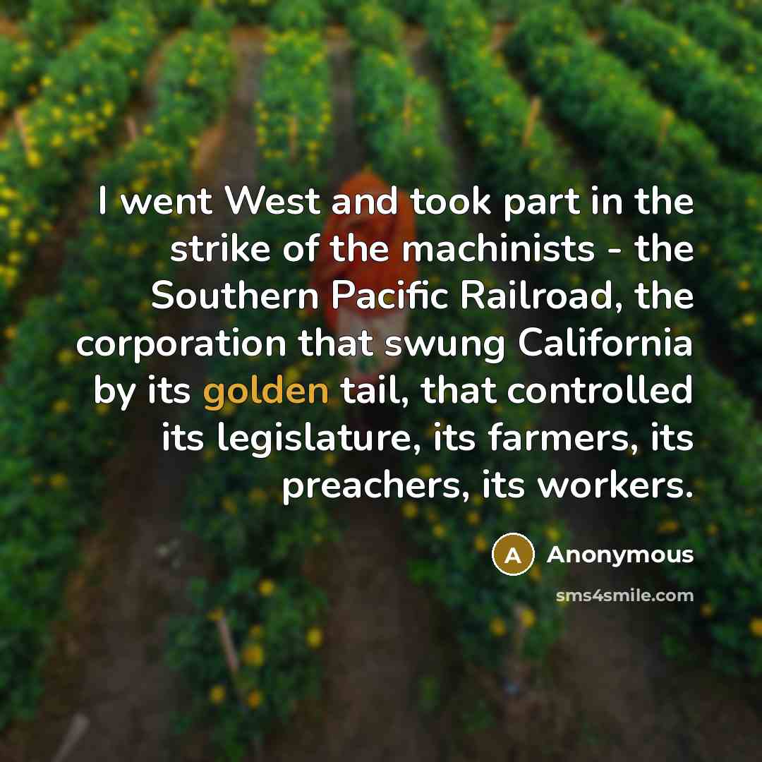 “I went West and took part in the strike of the machinists - the Southern Pacific Railroad, the corporation that swung California by its golden tail, that controlled its legislature, its farmers, its preachers, its workers.” quote by Anonymous
