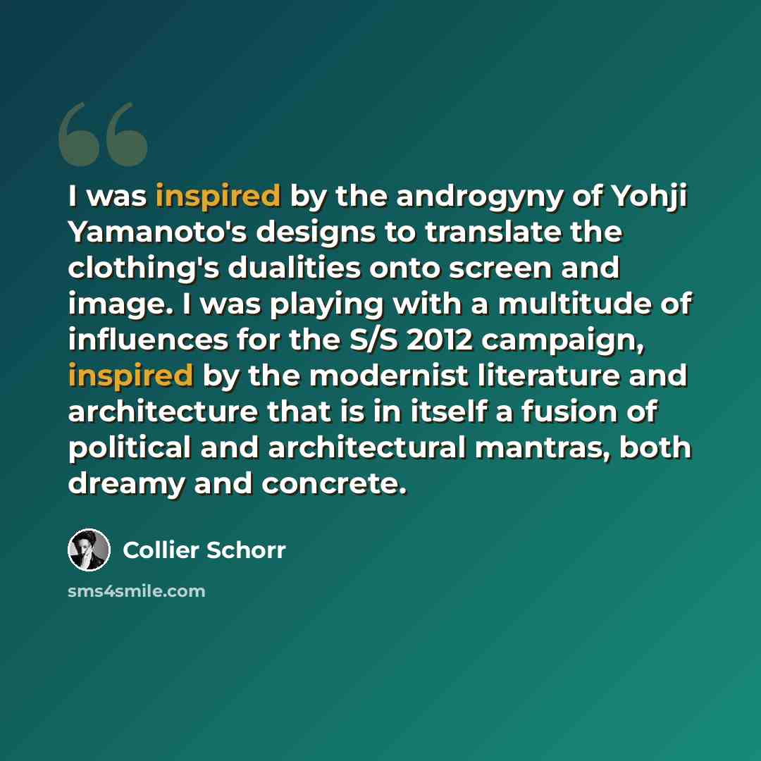 “I was inspired by the androgyny of Yohji Yamanoto's designs to translate the clothing's dualities onto screen and image. I was playing with a multitude of influences for the S/S 2012 campaign, inspired by the modernist literature and architecture that is in itself a fusion of political and…” quote by Collier Schorr