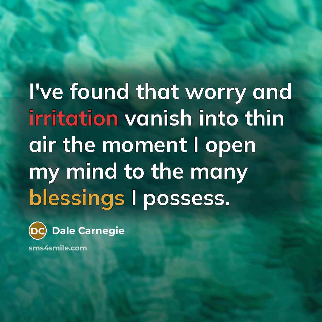 “I've found that worry and irritation vanish into thin air the moment I open my mind to the many blessings I possess.” quote by Dale Carnegie