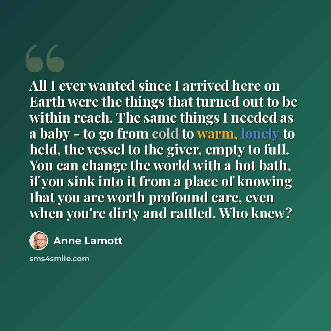 “All I ever wanted since I arrived here on Earth were the things that turned out to be within reach. The same things I needed as a baby - to go from cold to warm, lonely to held, the vessel to the giver, empty to full. You can change the world with a hot bath, if you sink into it from a place of…” quote by Anne Lamott