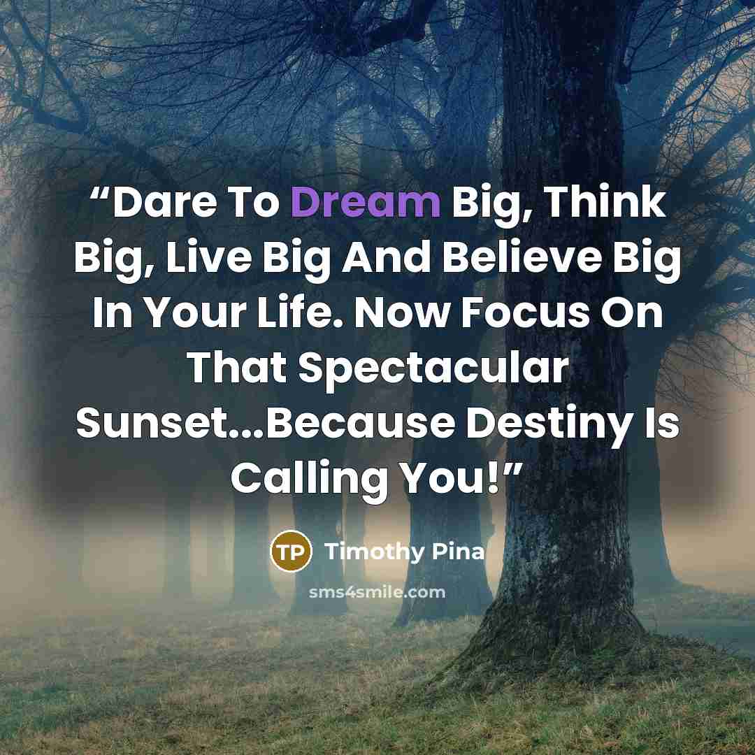 “Dare To Dream Big, Think Big, Live Big And Believe Big In Your Life. Now Focus On That Spectacular Sunset...Because Destiny Is Calling You!” quote by Timothy Pina