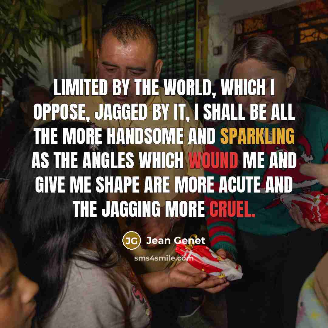 “Limited by the world, which I oppose, jagged by it, I shall be all the more handsome and sparkling as the angles which wound me and give me shape are more acute and the jagging more cruel.” quote by Jean Genet