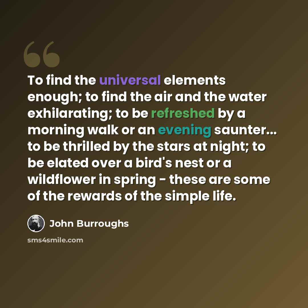 “To find the universal elements enough; to find the air and the water exhilarating; to be refreshed by a morning walk or an evening saunter... to be thrilled by the stars at night; to be elated over a bird's nest or a wildflower in spring - these are some of the rewards of the simple life.” quote by John Burroughs