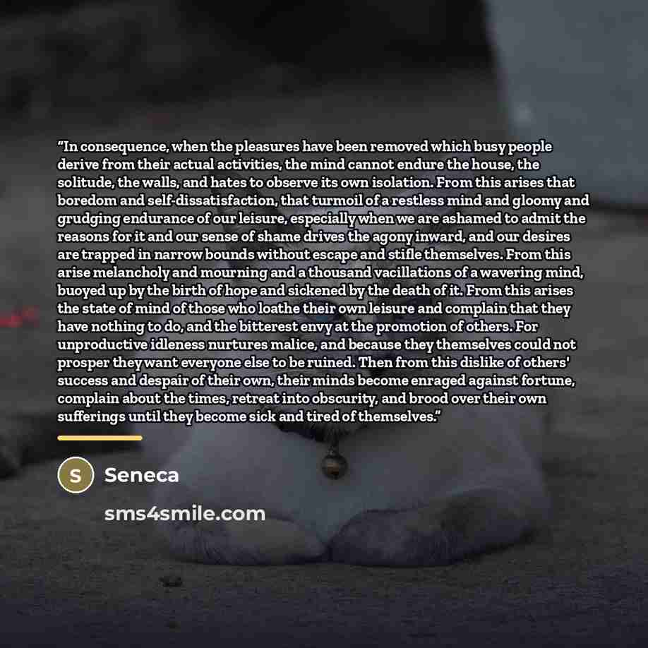 “In consequence, when the pleasures have been removed which busy people derive from their actual activities, the mind cannot endure the house, the solitude, the walls, and hates to observe its own isolation. From this arises that boredom and self-dissatisfaction, that turmoil of a restless mind and…” quote by Seneca