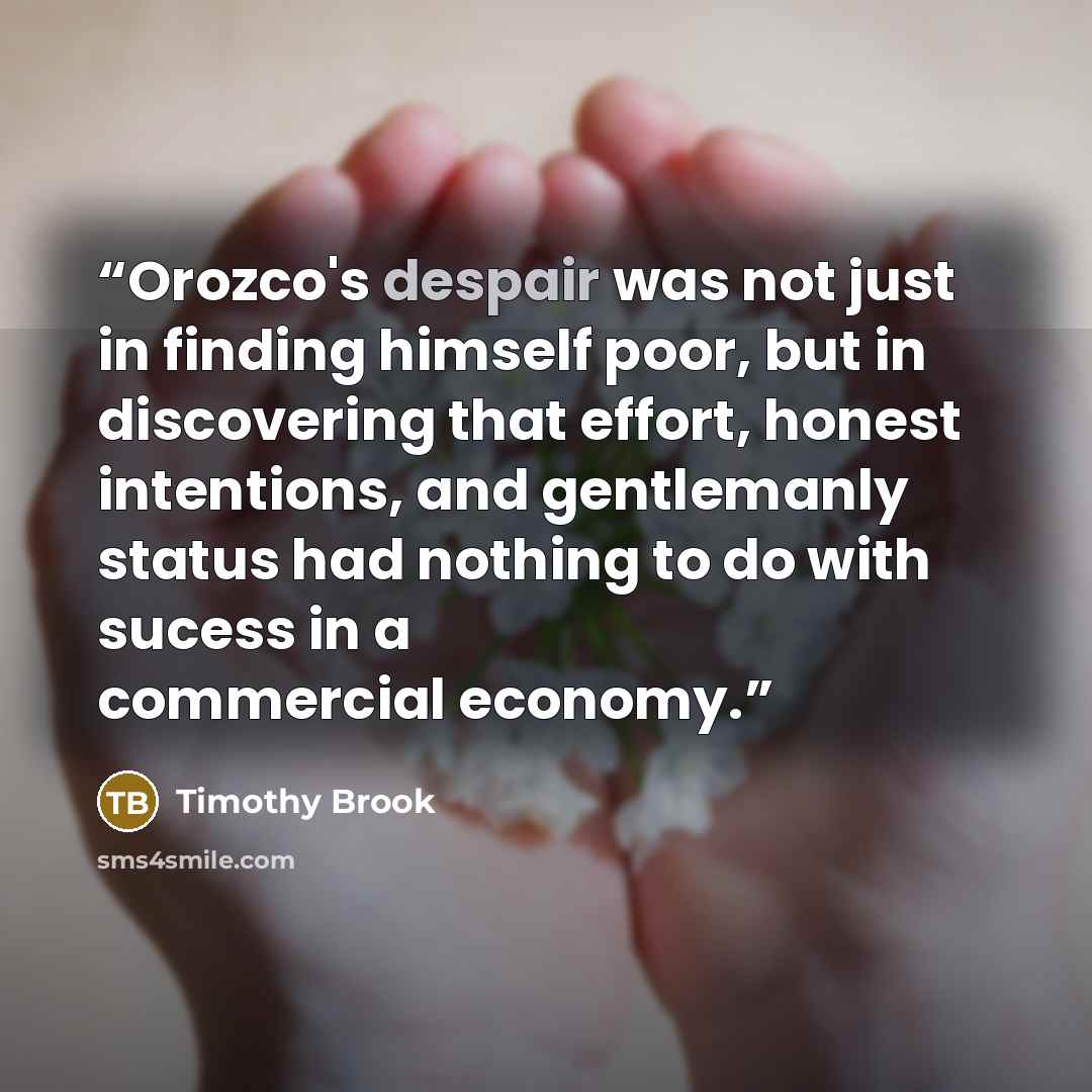 “Orozco's despair was not just in finding himself poor, but in discovering that effort, honest intentions, and gentlemanly status had nothing to do with sucess in a commercial economy.” quote by Timothy Brook