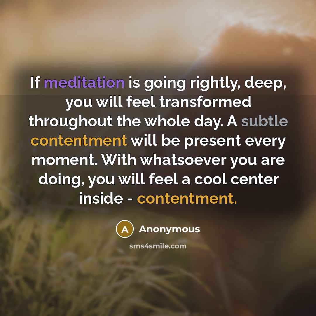 “If meditation is going rightly, deep, you will feel transformed throughout the whole day. A subtle contentment will be present every moment. With whatsoever you are doing, you will feel a cool center inside - contentment.” quote by Anonymous