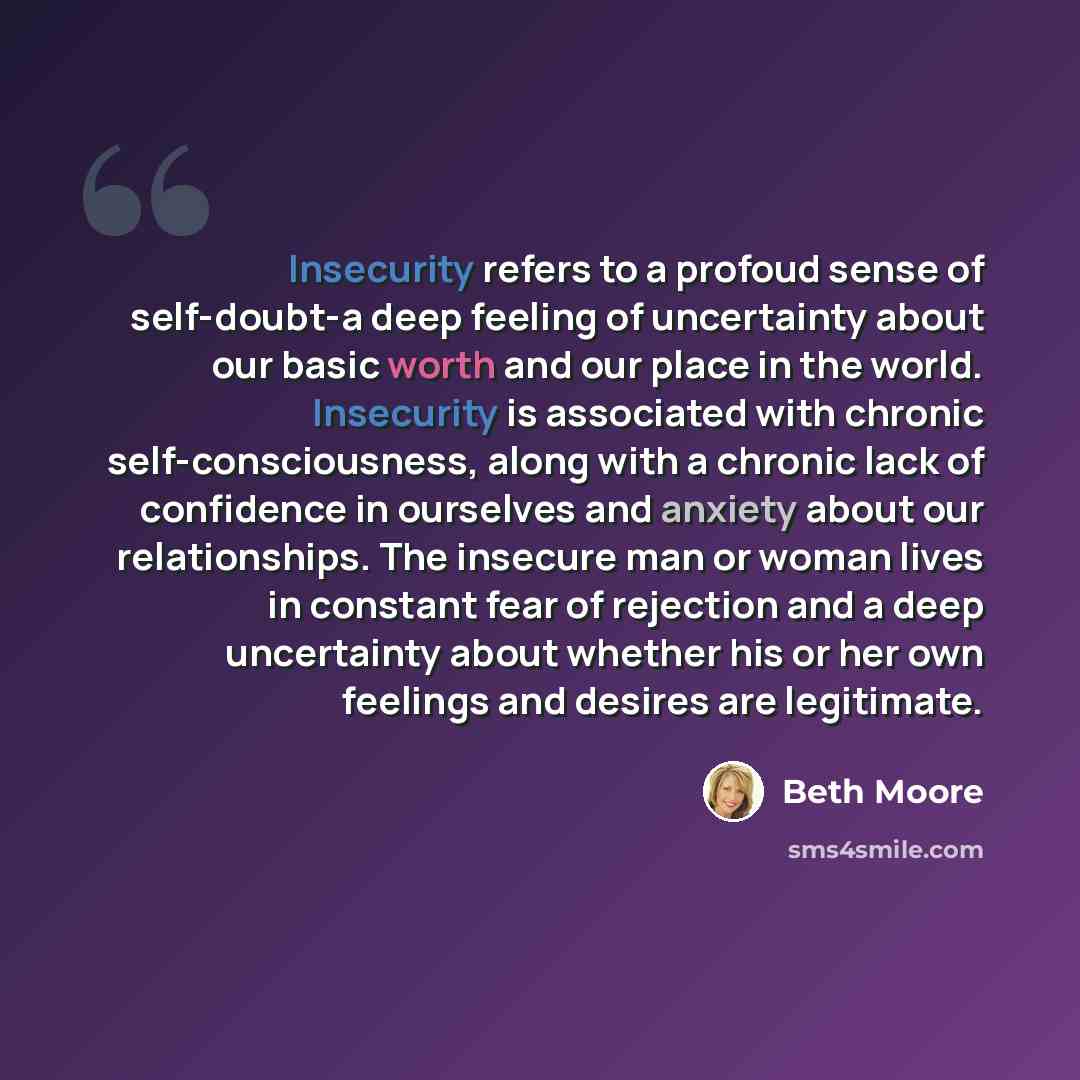 “Insecurity refers to a profoud sense of self-doubt-a deep feeling of uncertainty about our basic worth and our place in the world. Insecurity is associated with chronic self-consciousness, along with a chronic lack of confidence in ourselves and anxiety about our relationships. The insecure man or…” quote by Beth Moore