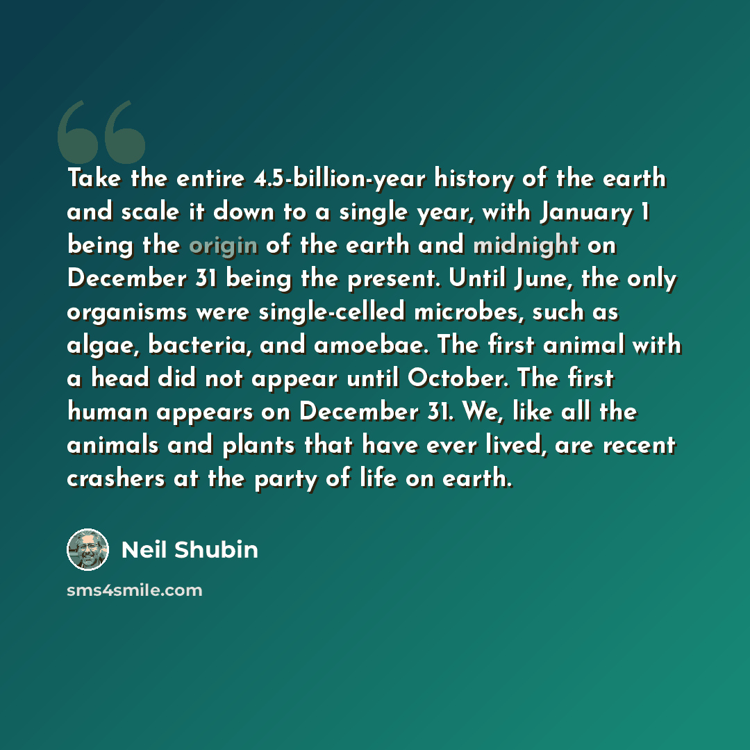 “Take the entire 4.5-billion-year history of the earth and scale it down to a single year, with January 1 being the origin of the earth and midnight on December 31 being the present. Until June, the only organisms were single-celled microbes, such as algae, bacteria, and amoebae. The first animal…” quote by Neil Shubin