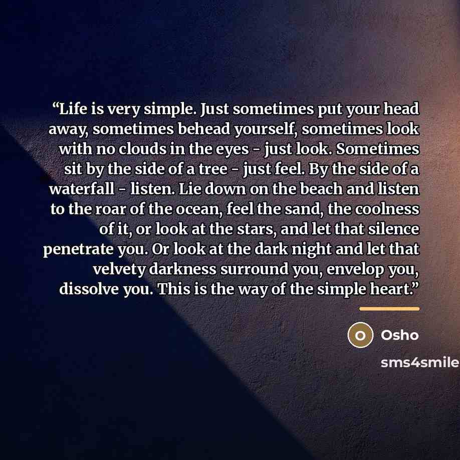 “Life is very simple. Just sometimes put your head away, sometimes behead yourself, sometimes look with no clouds in the eyes - just look. Sometimes sit by the side of a tree - just feel. By the side of a waterfall - listen. Lie down on the beach and listen to the roar of the ocean, feel the sand…” quote by Osho