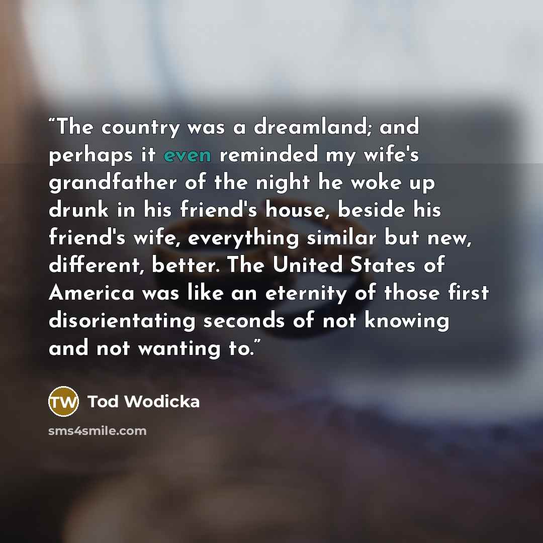 “The country was a dreamland; and perhaps it even reminded my wife's grandfather of the night he woke up drunk in his friend's house, beside his friend's wife, everything similar but new, different, better. The United States of America was like an eternity of those first disorientating seconds of…” quote by Tod Wodicka