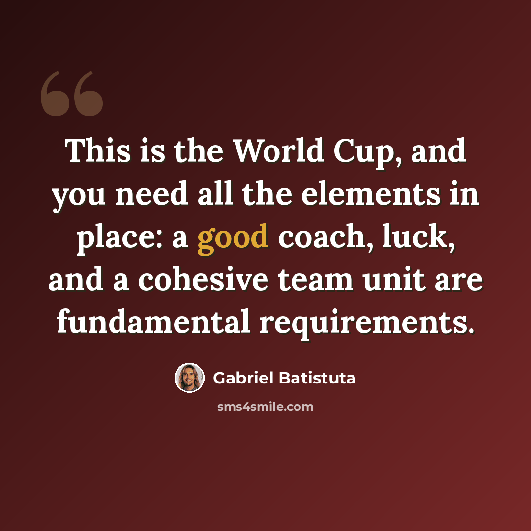 “This is the World Cup, and you need all the elements in place: a good coach, luck, and a cohesive team unit are fundamental requirements.” quote by Gabriel Batistuta