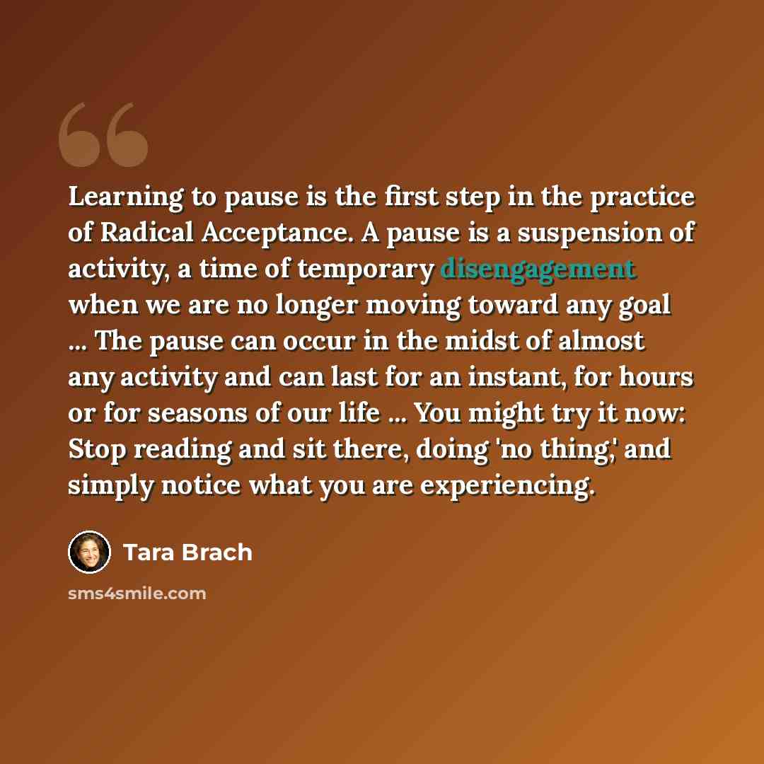 “Learning to pause is the first step in the practice of Radical Acceptance. A pause is a suspension of activity, a time of temporary disengagement when we are no longer moving toward any goal ... The pause can occur in the midst of almost any activity and can last for an instant, for hours or for…” quote by Tara Brach