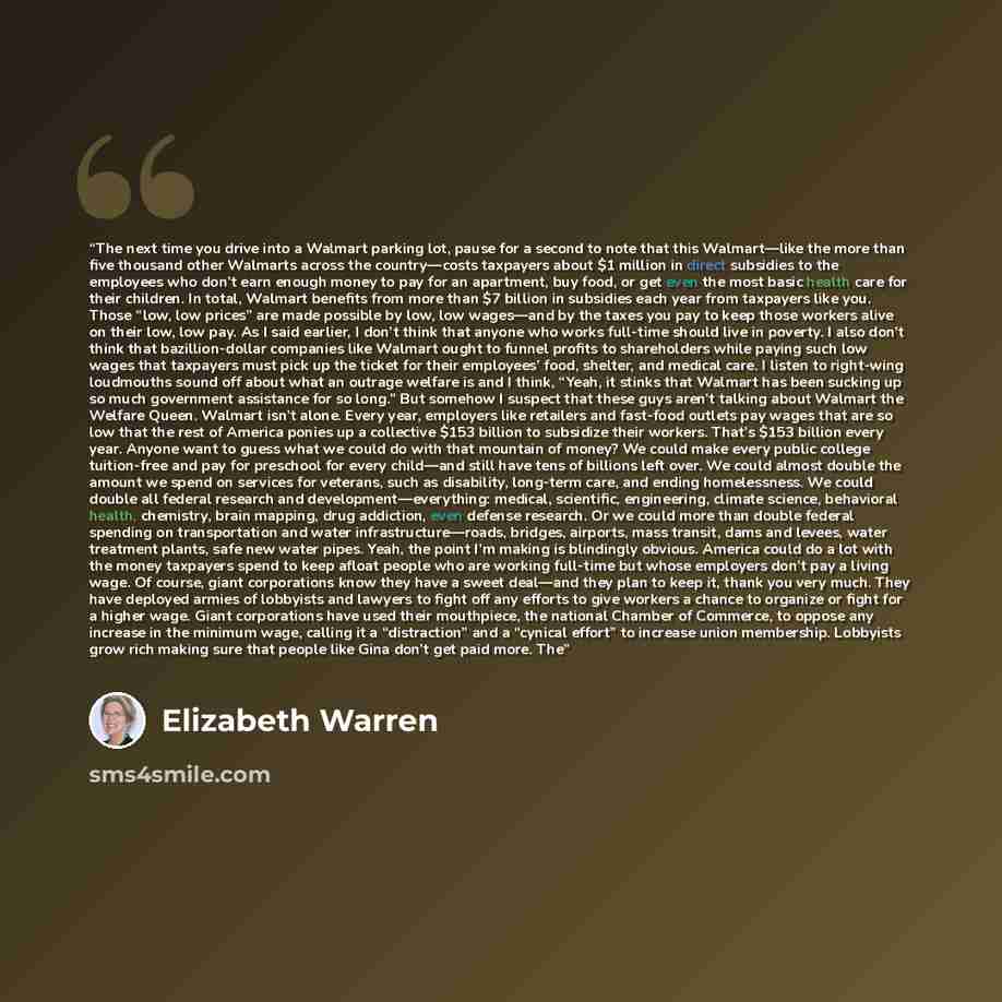 “The next time you drive into a Walmart parking lot, pause for a second to note that this Walmart—like the more than five thousand other Walmarts across the country—costs taxpayers about $1 million in direct subsidies to the employees who don’t earn enough money to pay for an apartment, buy food…” quote by Elizabeth Warren