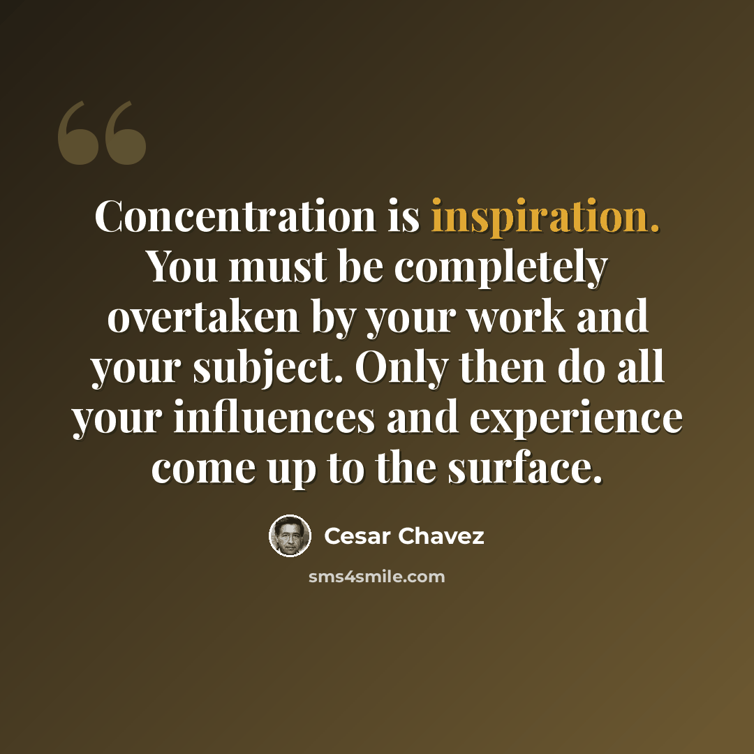 “Concentration is inspiration. You must be completely overtaken by your work and your subject. Only then do all your influences and experience come up to the surface.” quote by Cesar Chavez