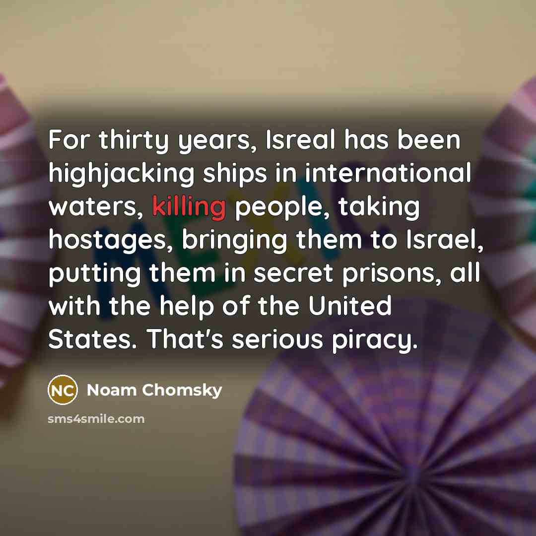 “For thirty years, Isreal has been highjacking ships in international waters, killing people, taking hostages, bringing them to Israel, putting them in secret prisons, all with the help of the United States. That's serious piracy.” quote by Noam Chomsky