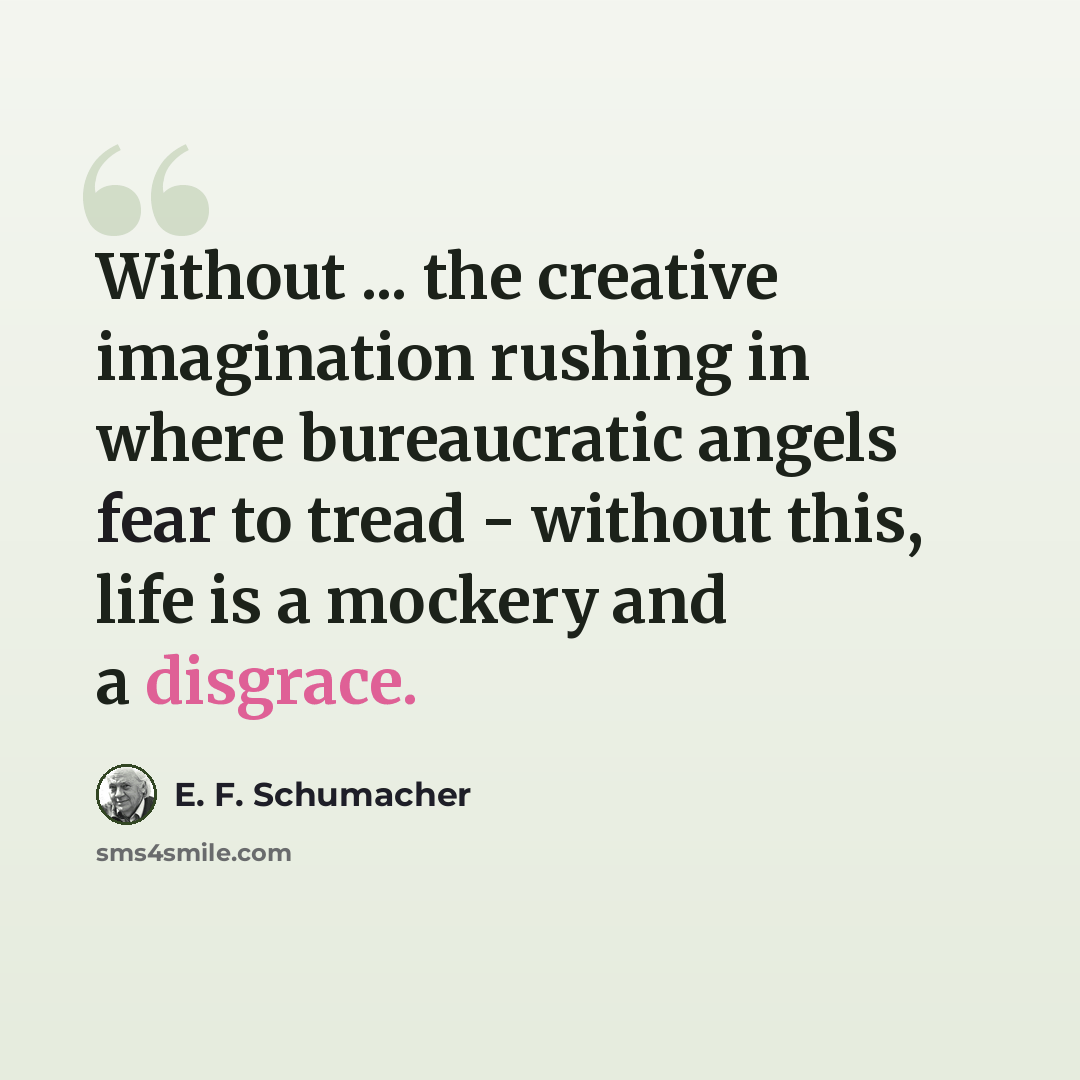 “Without ... the creative imagination rushing in where bureaucratic angels fear to tread - without this, life is a mockery and a disgrace.” quote by E. F. Schumacher