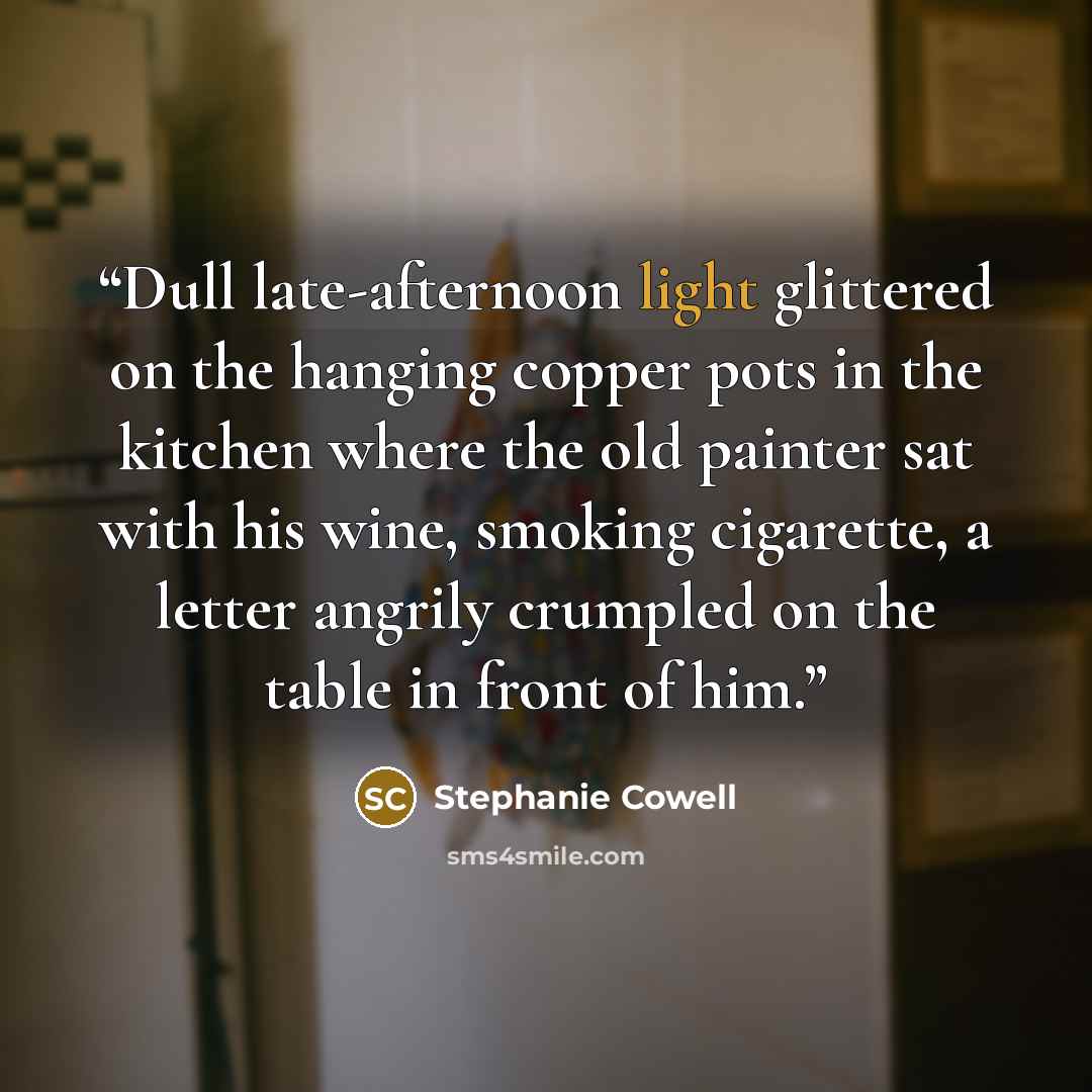 “Dull late-afternoon light glittered on the hanging copper pots in the kitchen where the old painter sat with his wine, smoking cigarette, a letter angrily crumpled on the table in front of him.” quote by Stephanie Cowell