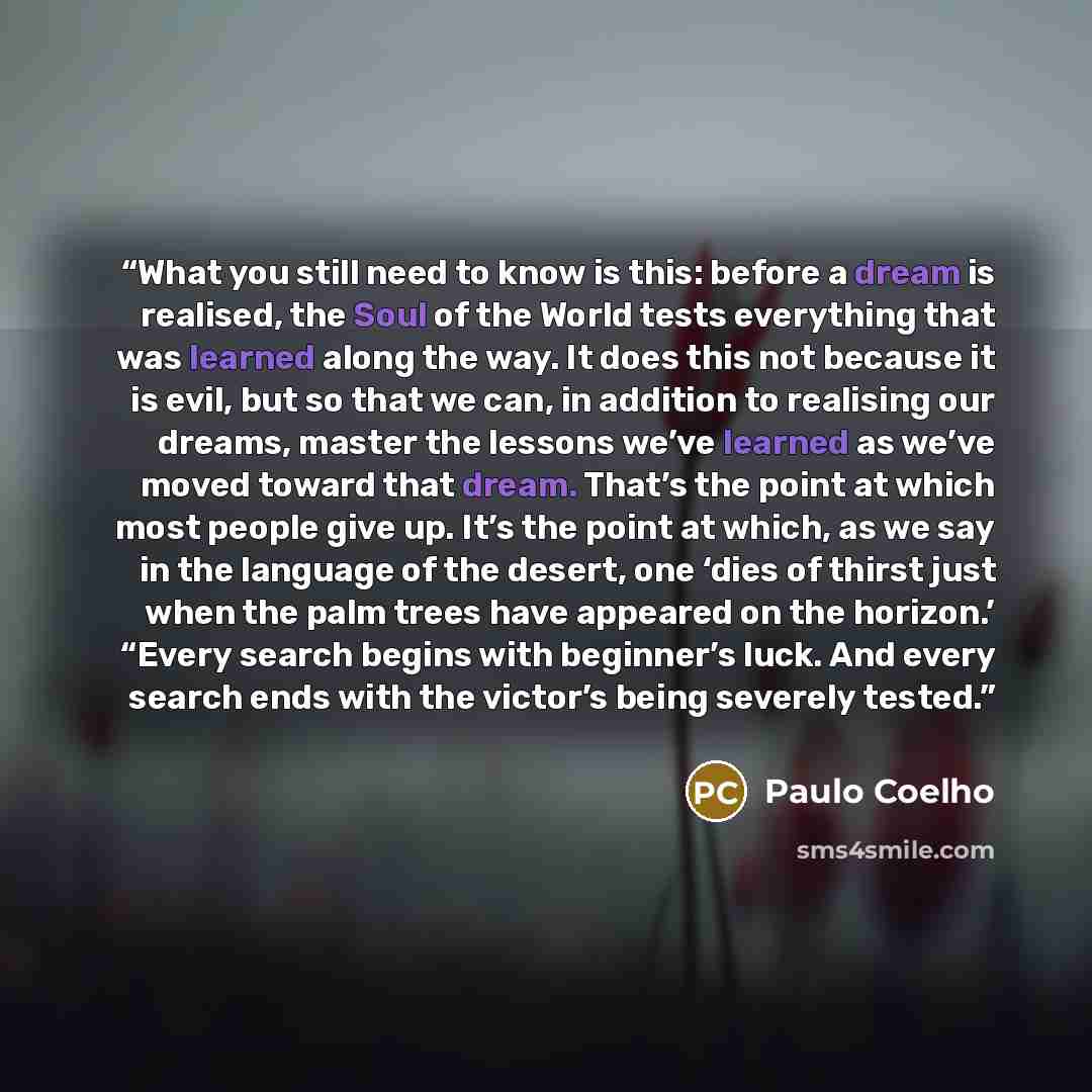 “What you still need to know is this: before a dream is realised, the Soul of the World tests everything that was learned along the way. It does this not because it is evil, but so that we can, in addition to realising our dreams, master the lessons we’ve learned as we’ve moved toward that dream…” quote by Paulo Coelho