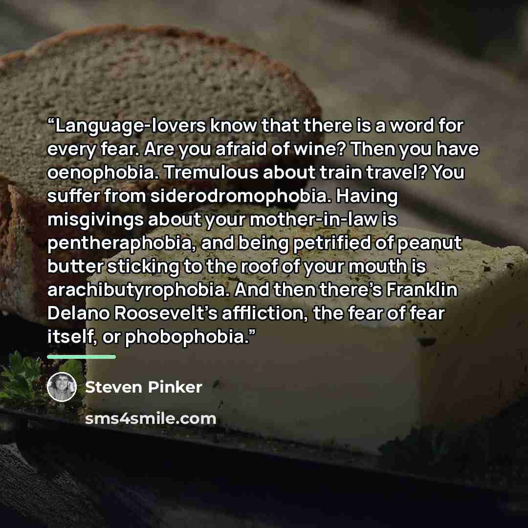 “Language-lovers know that there is a word for every fear. Are you afraid of wine? Then you have oenophobia. Tremulous about train travel? You suffer from siderodromophobia. Having misgivings about your mother-in-law is pentheraphobia, and being petrified of peanut butter sticking to the roof of…” quote by Steven Pinker