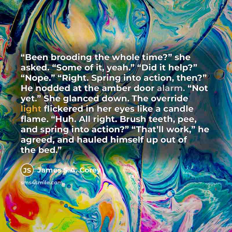 “Been brooding the whole time?” she asked. “Some of it, yeah.” “Did it help?” “Nope.” “Right. Spring into action, then?” He nodded at the amber door alarm. “Not yet.” She glanced down. The override light flickered in her eyes like a candle flame. “Huh. All right. Brush teeth, pee, and spring into…” quote by James S.A. Corey