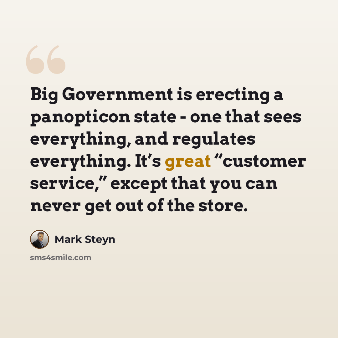 “Big Government is erecting a panopticon state - one that sees everything, and regulates everything. It’s great “customer service,” except that you can never get out of the store.” quote by Mark Steyn