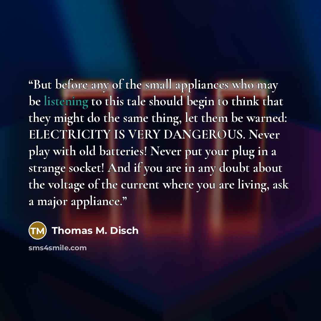 “But before any of the small appliances who may be listening to this tale should begin to think that they might do the same thing, let them be warned: ELECTRICITY IS VERY DANGEROUS. Never play with old batteries! Never put your plug in a strange socket! And if you are in any doubt about the voltage…” quote by Thomas M. Disch