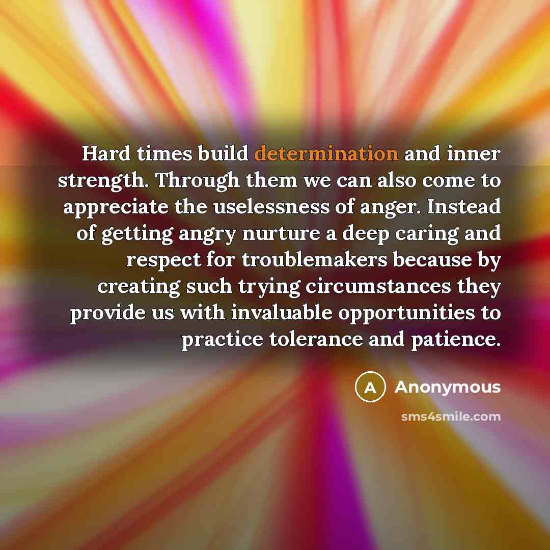 “Hard times build determination and inner strength. Through them we can also come to appreciate the uselessness of anger. Instead of getting angry nurture a deep caring and respect for troublemakers because by creating such trying circumstances they provide us with invaluable opportunities to…” quote by Anonymous