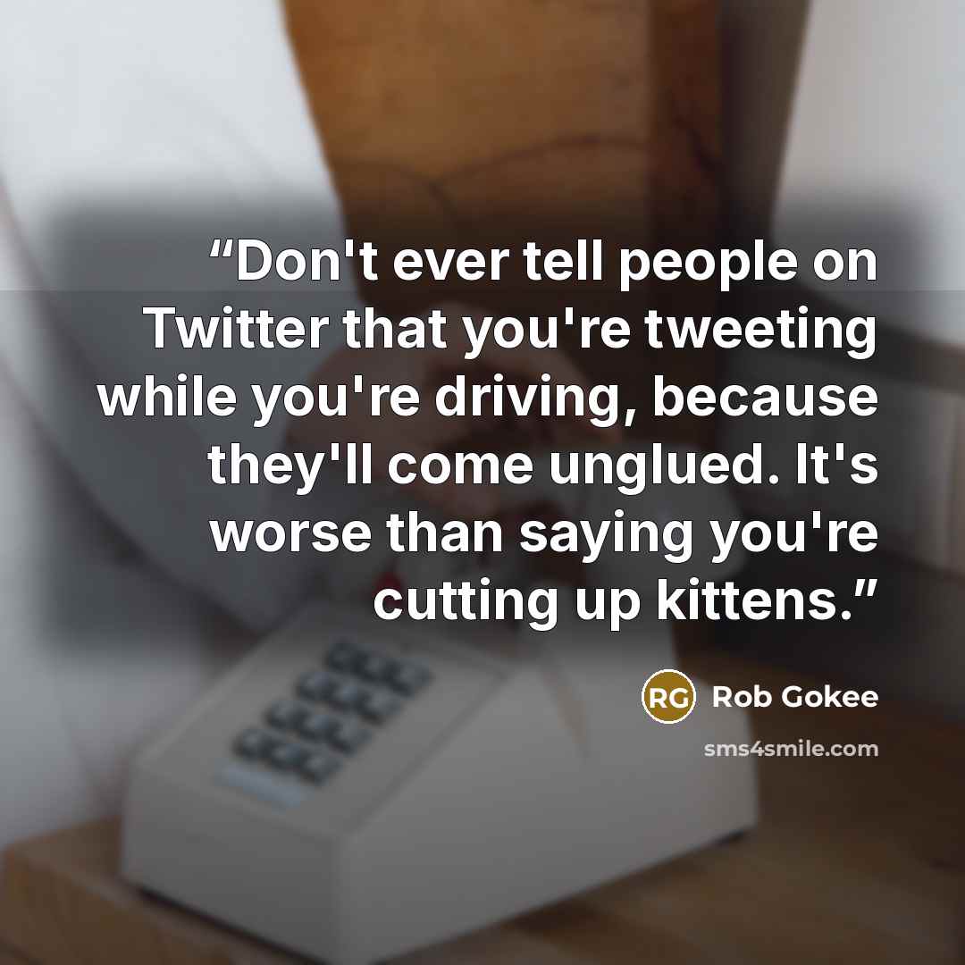 “Don't ever tell people on Twitter that you're tweeting while you're driving, because they'll come unglued. It's worse than saying you're cutting up kittens.” quote by Rob Gokee