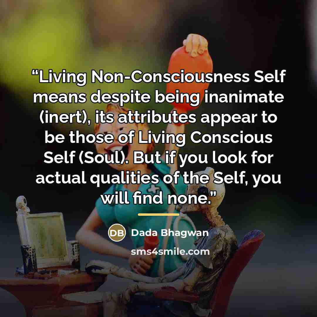 “Living Non-Consciousness Self means despite being inanimate (inert), its attributes appear to be those of Living Conscious Self (Soul). But if you look for actual qualities of the Self, you will find none.” quote by Dada Bhagwan