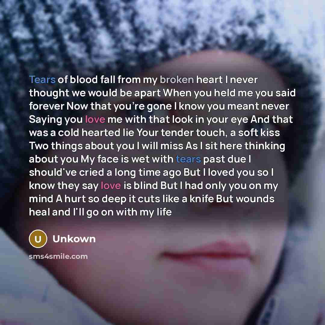 “Tears of blood fall from my broken heart I never thought we would be apart When you held me you said forever Now that you're gone I know you meant never Saying you love me with that look in your eye And that was a cold hearted lie Your tender touch, a soft kiss Two things about you I will miss As…” quote by Unkown