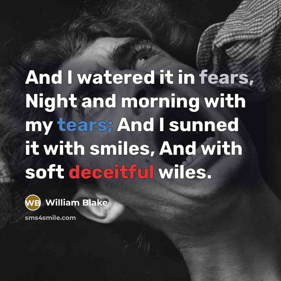 “And I watered it in fears, Night and morning with my tears; And I sunned it with smiles, And with soft deceitful wiles.” quote by William Blake
