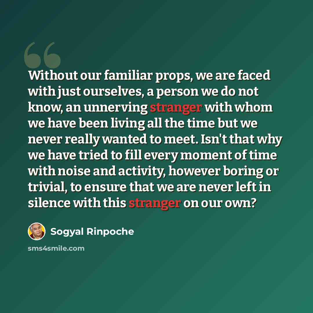 “Without our familiar props, we are faced with just ourselves, a person we do not know, an unnerving stranger with whom we have been living all the time but we never really wanted to meet. Isn't that why we have tried to fill every moment of time with noise and activity, however boring or trivial…” quote by Sogyal Rinpoche