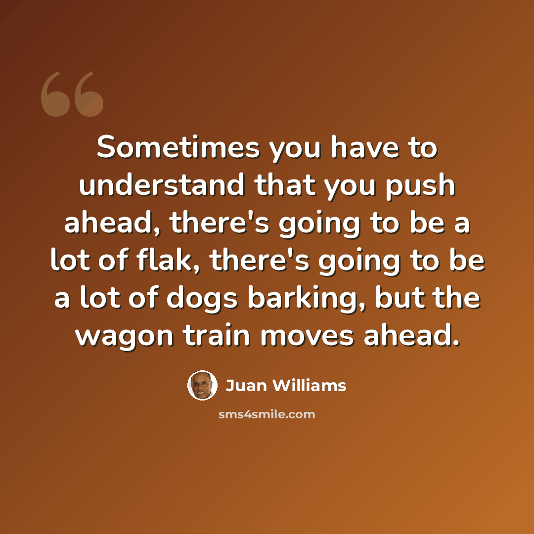 “Sometimes you have to understand that you push ahead, there's going to be a lot of flak, there's going to be a lot of dogs barking, but the wagon train moves ahead.” quote by Juan Williams