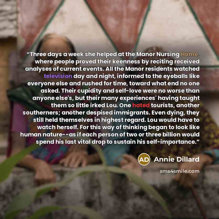 “Three days a week she helped at the Manor Nursing Home, where people proved their keenness by reciting received analyses of current events. All the Manor residents watched television day and night, informed to the eyeballs like everyone else and rushed for time, toward what end no one asked. Their…” quote by Annie Dillard