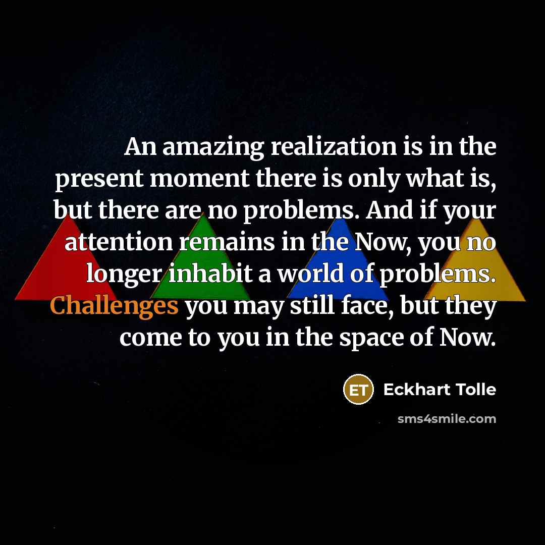 “An amazing realization is in the present moment there is only what is, but there are no problems. And if your attention remains in the Now, you no longer inhabit a world of problems. Challenges you may still face, but they come to you in the space of Now.” quote by Eckhart Tolle