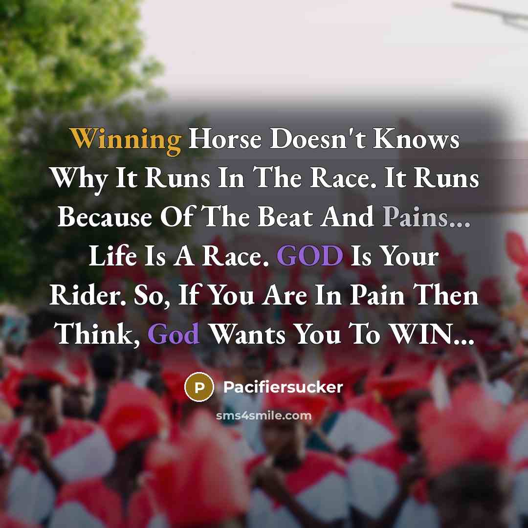 “Winning Horse Doesn't Knows Why It Runs In The Race. It Runs Because Of The Beat And Pains... Life Is A Race. GOD Is Your Rider. So, If You Are In Pain Then Think, God Wants You To WIN...” quote by Pacifiersucker