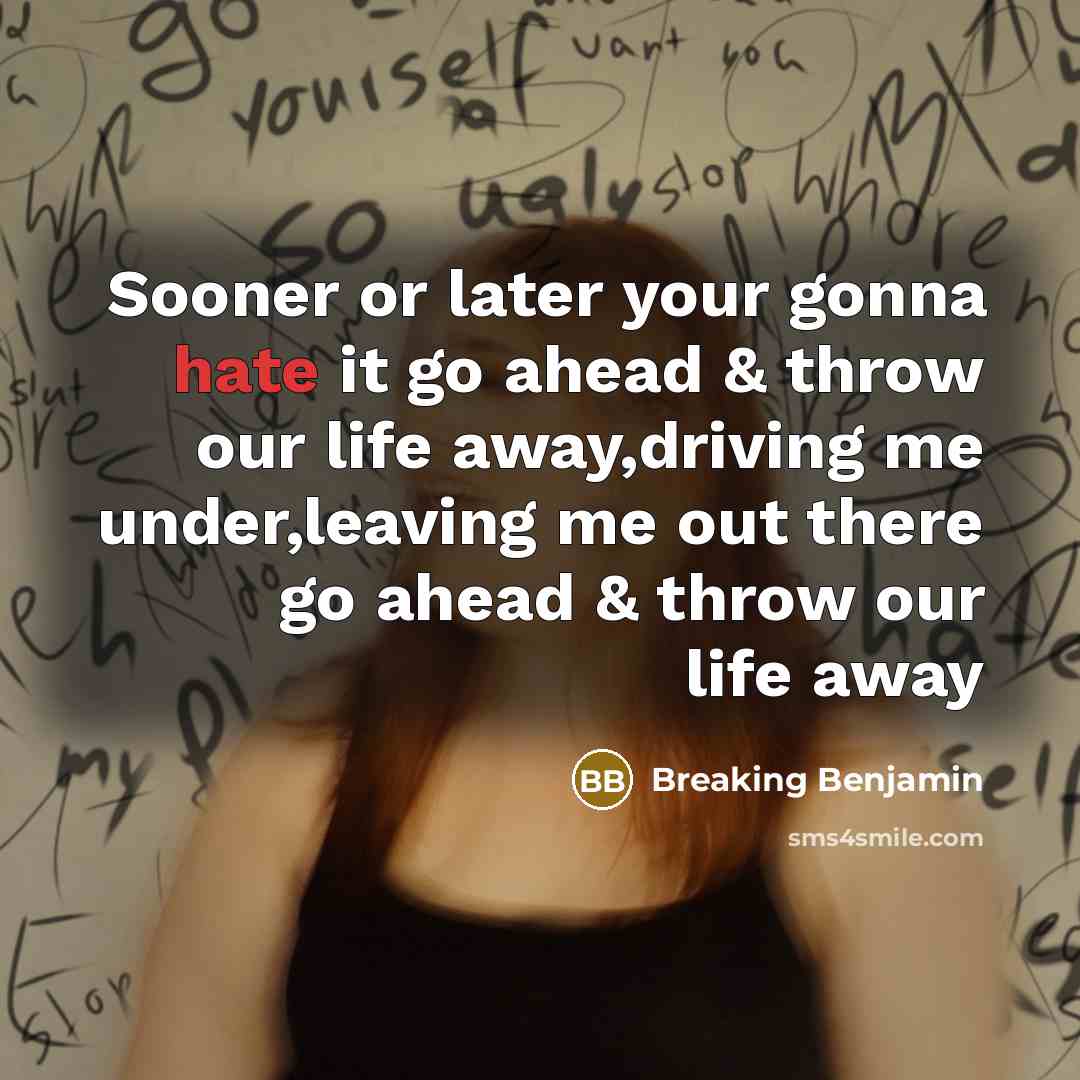 “Sooner or later your gonna hate it go ahead & throw our life away,driving me under,leaving me out there go ahead & throw our life away” quote by Breaking Benjamin