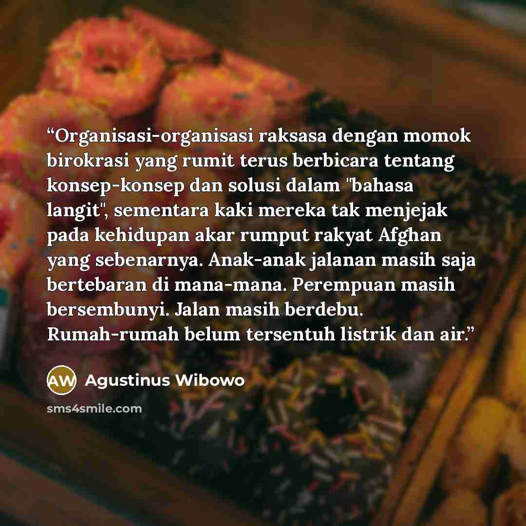“Organisasi-organisasi raksasa dengan momok birokrasi yang rumit terus berbicara tentang konsep-konsep dan solusi dalam "bahasa langit", sementara kaki mereka tak menjejak pada kehidupan akar rumput rakyat Afghan yang sebenarnya. Anak-anak jalanan masih saja bertebaran di mana-mana. Perempuan masih…” quote by Agustinus Wibowo