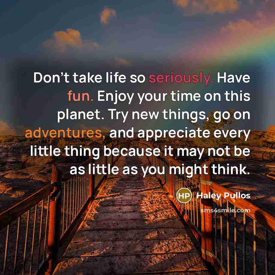 “Don't take life so seriously. Have fun. Enjoy your time on this planet. Try new things, go on adventures, and appreciate every little thing because it may not be as little as you might think.” quote by Haley Pullos