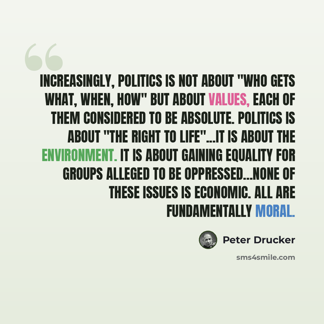 “Increasingly, politics is not about "who gets what, when, how" but about values, each of them considered to be absolute. Politics is about "the right to life"...It is about the environment. It is about gaining equality for groups alleged to be oppressed...None of these issues is economic. All are…” quote by Peter Drucker