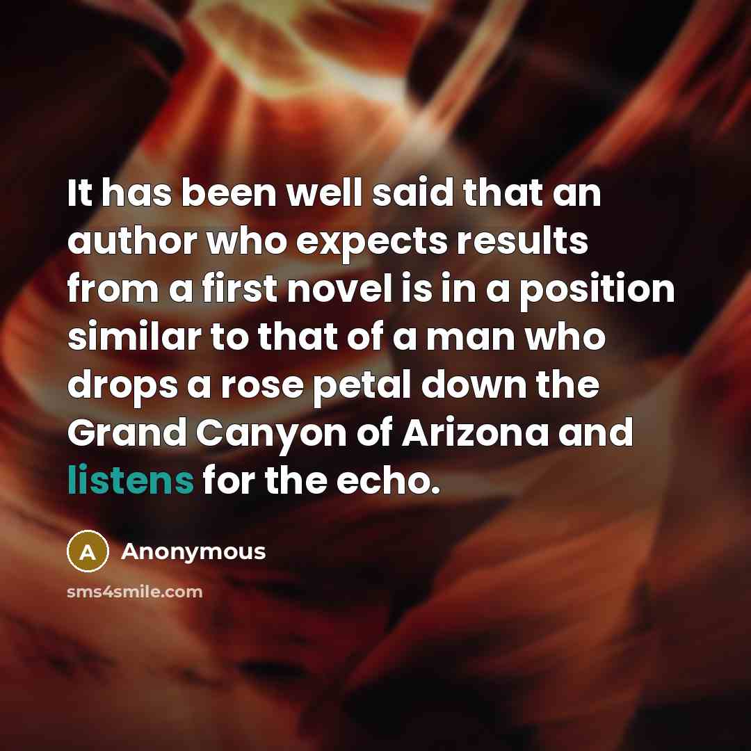 “It has been well said that an author who expects results from a first novel is in a position similar to that of a man who drops a rose petal down the Grand Canyon of Arizona and listens for the echo.” quote by Anonymous