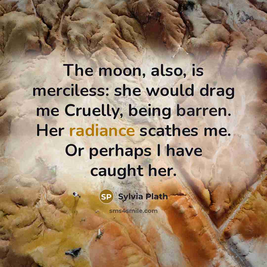 “The moon, also, is merciless: she would drag me Cruelly, being barren. Her radiance scathes me. Or perhaps I have caught her.” quote by Sylvia Plath