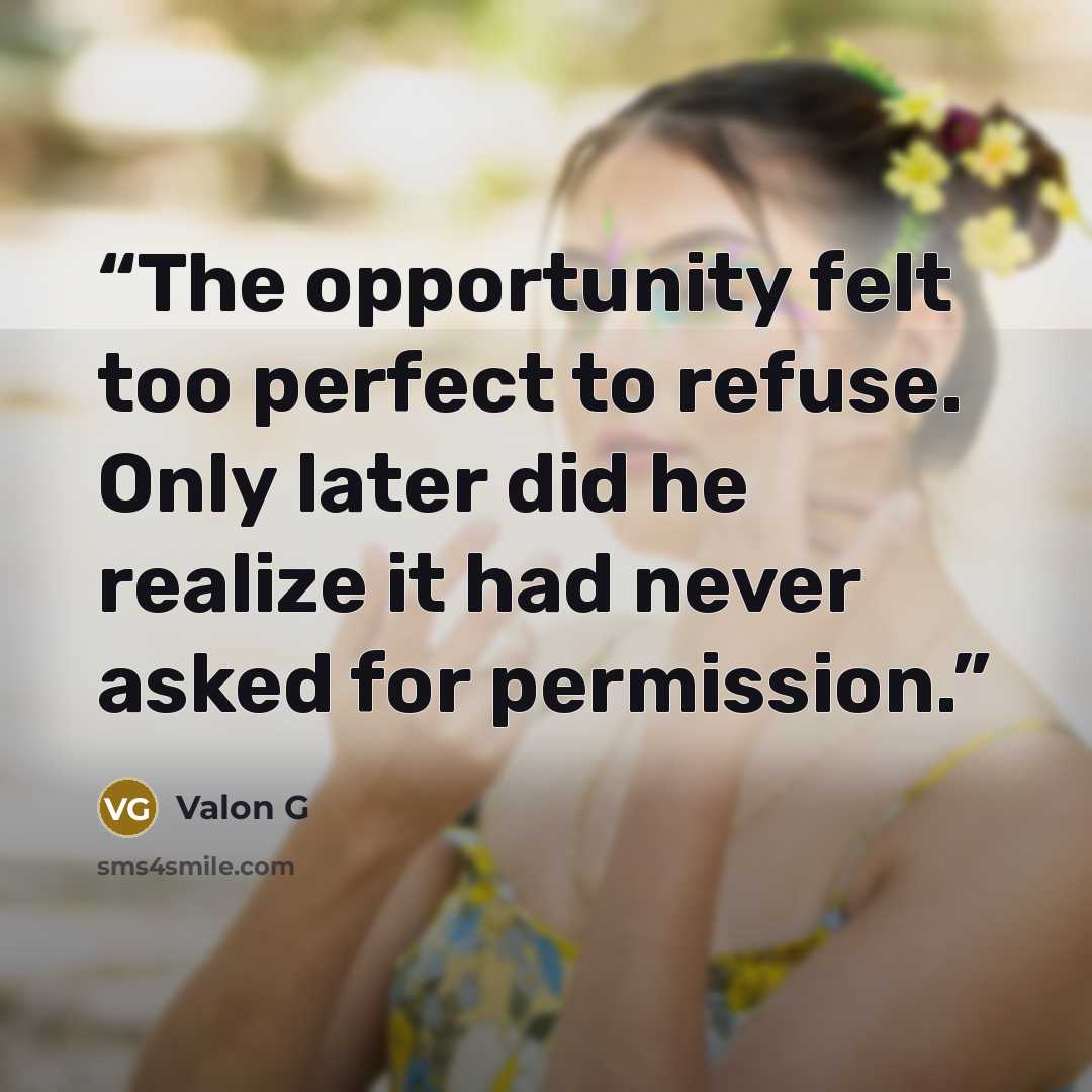 “The opportunity felt too perfect to refuse. Only later did he realize it had never asked for permission.” quote by Valon G