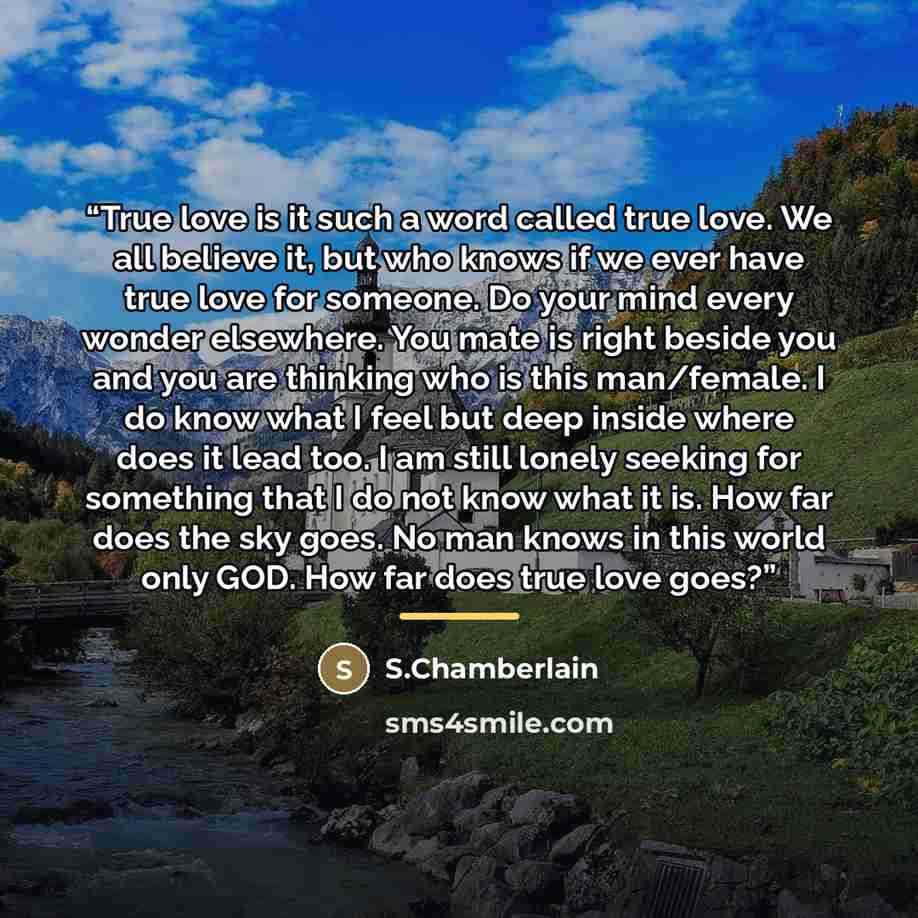 “True love is it such a word called true love. We all believe it, but who knows if we ever have true love for someone. Do your mind every wonder elsewhere. You mate is right beside you and you are thinking who is this man/female. I do know what I feel but deep inside where does it lead too. I am…” quote by S.Chamberlain